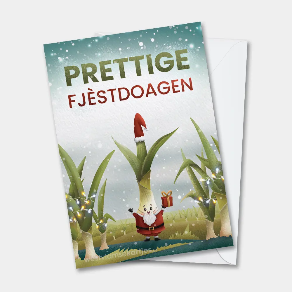 Prettige fjèstdoagen met prei kerstman - grappige West-Vlaamse wenskaart voor kerst en nieuwjaar