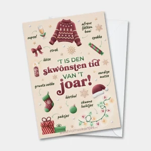 De skwônsten tid van't joar - West-Vlaamse wenskaart voor kerst en nieuwjaar met een hoop west-vlaamse benamingen op