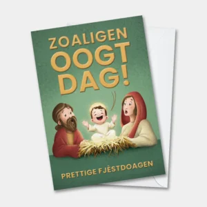 West-Vlaamse kerstkaart met kerststal en de tekst “Zoaligen oogtdag!” boven een lachende baby Jezus.
