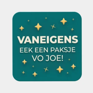 Vaneigens cadeausticker op ingepakt geschenk, grappige West-Vlaamse sticker voor op cadeaus