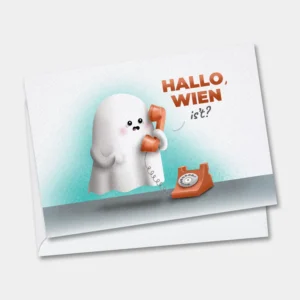 Hallo, wien is't?, West-Vlaamse wenskaart voor halloween van een spookje met een telefoon