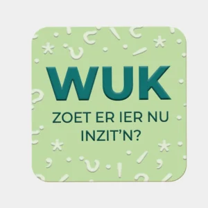 Wuk cadeausticker op ingepakt geschenk, grappige West-Vlaamse sticker voor op cadeaus