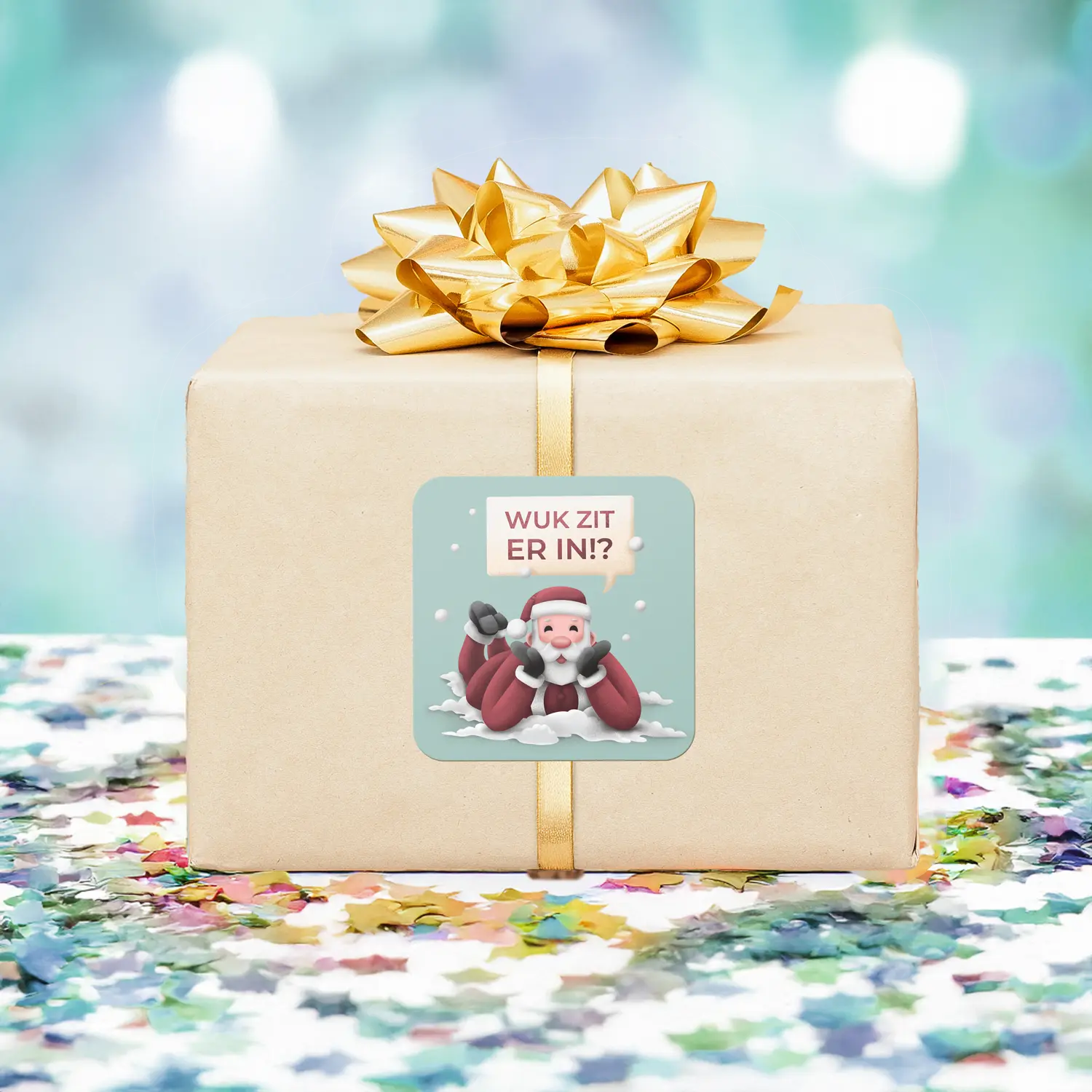 Wuk zit er in? cadeausticker met kerstman op ingepakt geschenk, grappige West-Vlaamse sticker voor op cadeaus voor de feestdagen.