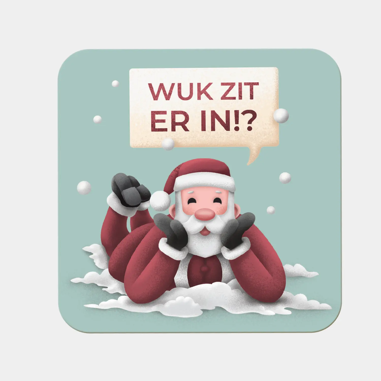 Wuk zit er in? cadeausticker met kerstman om op geschenken te plakken, grappige West-Vlaamse sticker voor op cadeaus voor de feestdagen.