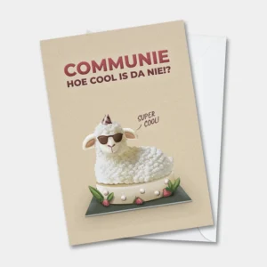 Grappige communiekaart in West-Vlaams met ijslam en zonnebril
