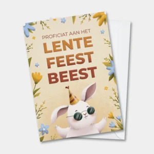 Grappige lentefeestkaart in West-Vlaams met konijn en bloemen